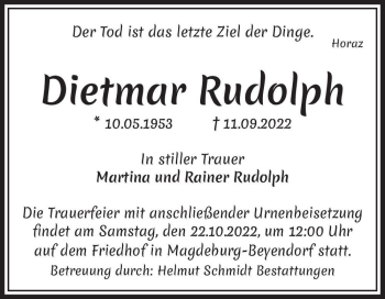 Traueranzeige von Dietmar Rudolph  von Magdeburger Volksstimme