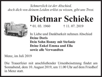 Traueranzeige von Dietmar Schieke  von Magdeburger Volksstimme
