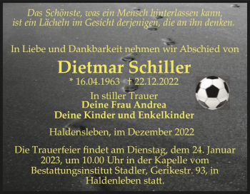 Traueranzeige von Dietmar Schiller  von Magdeburger Volksstimme