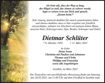 Traueranzeige von Dietmar Schlüter  von Magdeburger Volksstimme