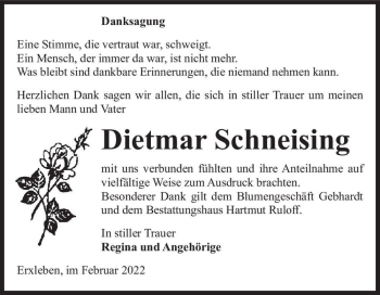 Traueranzeige von Dietmar Schneising  von Magdeburger Volksstimme