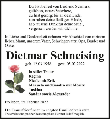 Traueranzeige von Dietmar Schneising  von Magdeburger Volksstimme