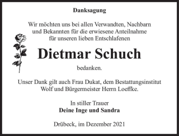 Traueranzeige von Dietmar Schuch  von Magdeburger Volksstimme