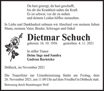 Traueranzeige von Dietmar Schuch  von Magdeburger Volksstimme