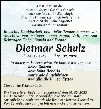 Traueranzeige von Dietmar Schulz  von Magdeburger Volksstimme