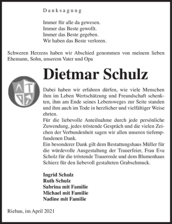 Traueranzeige von Dietmar Schulz  von Magdeburger Volksstimme