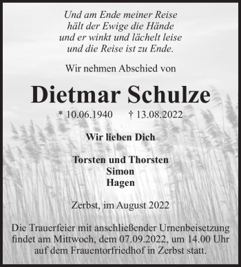 Traueranzeige von Dietmar Schulze  von Magdeburger Volksstimme