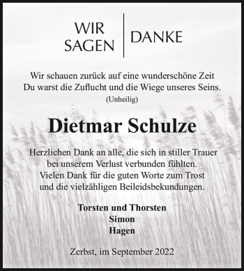 Traueranzeige von Dietmar Schulze  von Magdeburger Volksstimme