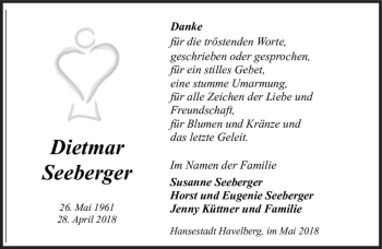 Traueranzeige von Dietmar Seeberger  von Magdeburger Volksstimme