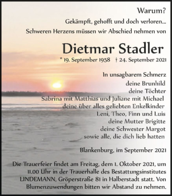 Traueranzeige von Dietmar Stadler  von Magdeburger Volksstimme