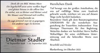 Traueranzeige von Dietmar Stadler  von Magdeburger Volksstimme