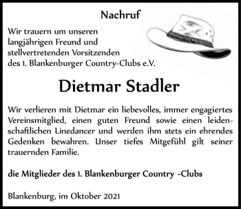 Traueranzeige von Dietmar Stadler  von Magdeburger Volksstimme