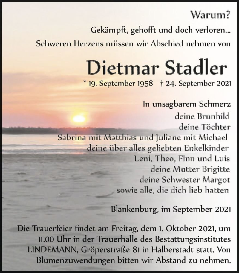  Traueranzeige für Dietmar Stadler  vom 29.09.2021 aus Magdeburger Volksstimme
