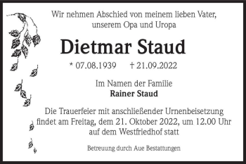 Traueranzeige von Dietmar Staud  von Magdeburger Volksstimme