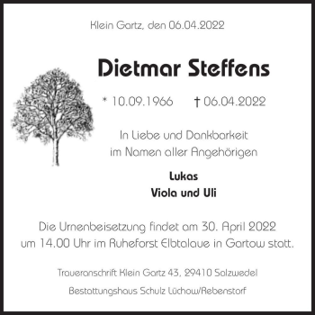 Traueranzeige von Dietmar Steffens  von Magdeburger Volksstimme