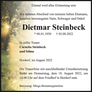 Traueranzeige von Dietmar Steinbeck  von Magdeburger Volksstimme