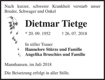 Traueranzeige von Dietmar Tietge  von Magdeburger Volksstimme