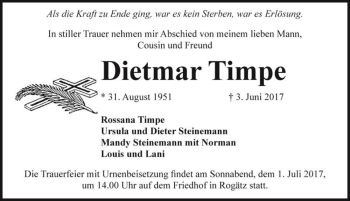 Traueranzeige von Dietmar Timpe  von Magdeburger Volksstimme
