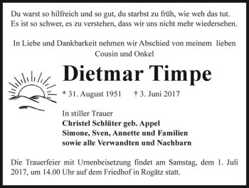 Traueranzeige von Dietmar Timpe  von Magdeburger Volksstimme