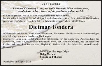 Traueranzeige von Dietmar Tondera  von Magdeburger Volksstimme