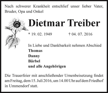 Traueranzeige von Dietmar Treiber  von Magdeburger Volksstimme