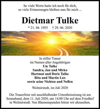 Traueranzeige von Dietmar Tulke  von Magdeburger Volksstimme