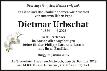 Traueranzeige von Dietmar Urbschat  von Magdeburger Volksstimme