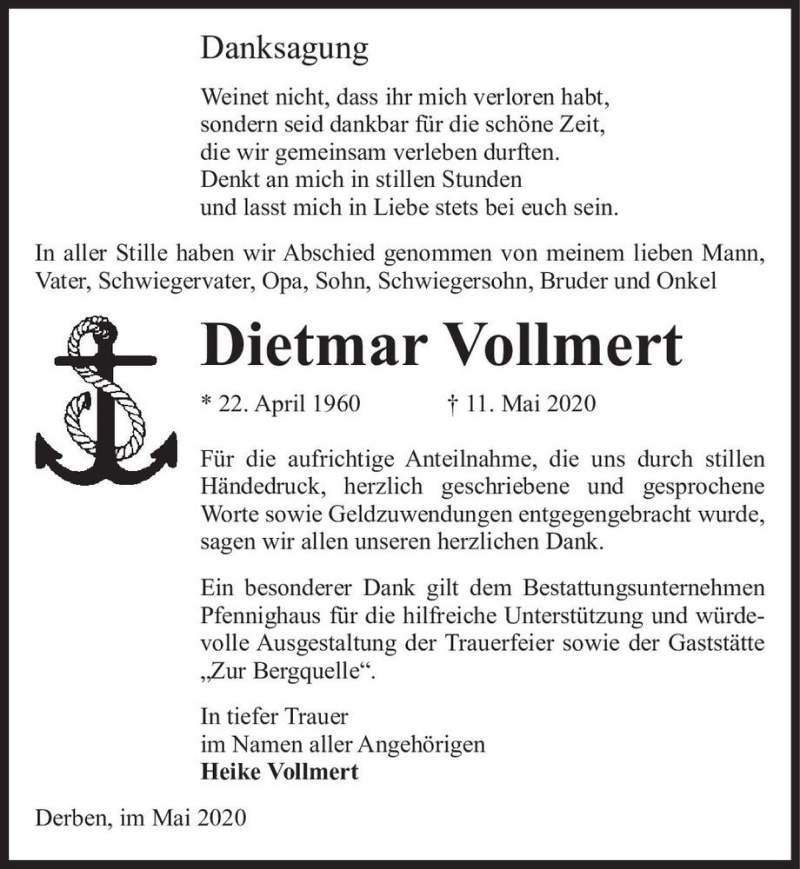  Traueranzeige für Dietmar Vollmert  vom 30.05.2020 aus Magdeburger Volksstimme