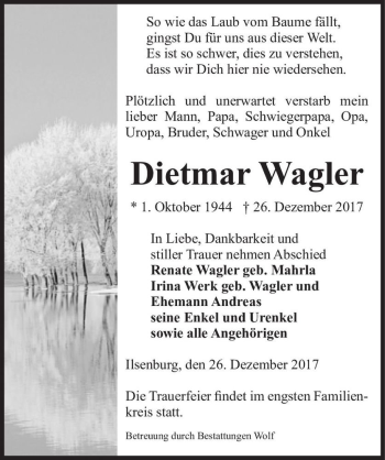 Traueranzeige von Dietmar Wagler  von Magdeburger Volksstimme