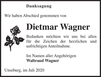 Traueranzeige von Dietmar Wagner  von Magdeburger Volksstimme