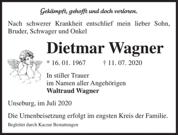 Traueranzeige von Dietmar Wagner  von Magdeburger Volksstimme