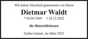 Traueranzeige von Dietmar Waldt  von Magdeburger Volksstimme