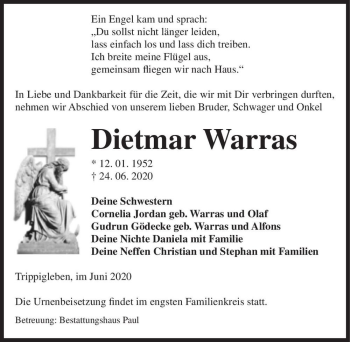 Traueranzeige von Dietmar Warras  von Magdeburger Volksstimme