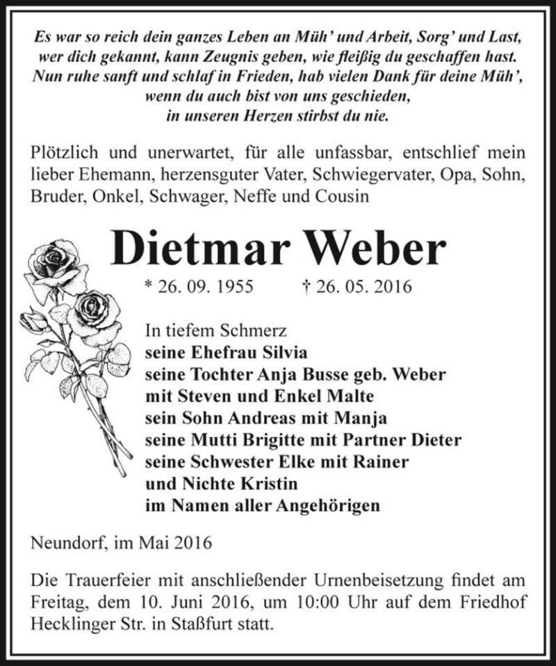  Traueranzeige für Dietmar Weber  vom 04.06.2016 aus Magdeburger Volksstimme