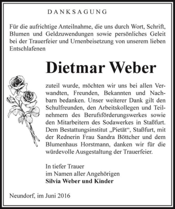 Traueranzeige von Dietmar Weber  von Magdeburger Volksstimme