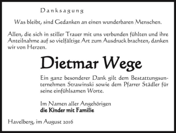 Traueranzeige von Dietmar Wege  von Magdeburger Volksstimme