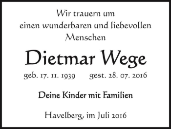 Traueranzeige von Dietmar Wege  von Magdeburger Volksstimme