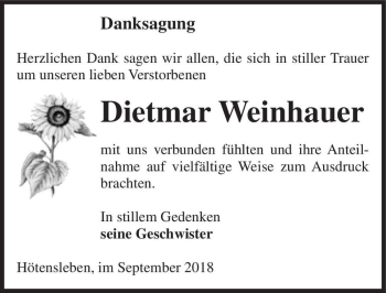 Traueranzeige von Dietmar Weinhauer  von Magdeburger Volksstimme