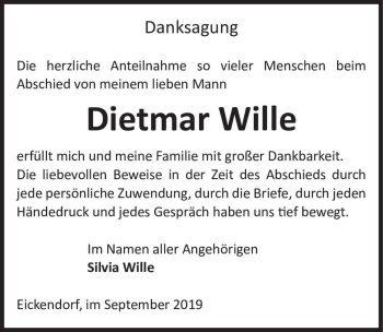 Traueranzeige von Dietmar Wille  von Magdeburger Volksstimme