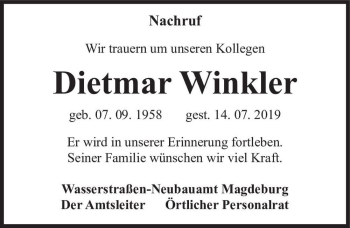 Traueranzeige von Dietmar Winkler  von Magdeburger Volksstimme