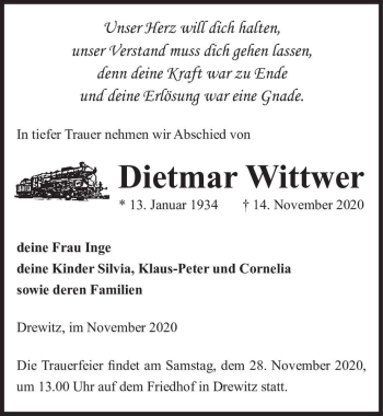 Traueranzeige von Dietmar Wittwer  von Magdeburger Volksstimme