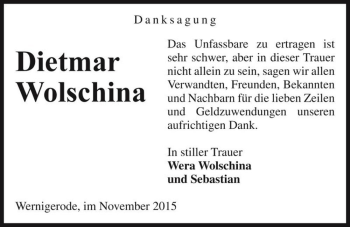 Traueranzeige von Dietmar Wolschina  von Magdeburger Volksstimme
