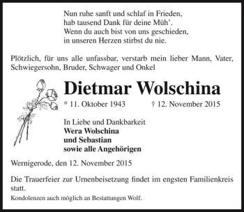 Traueranzeige von Dietmar Wolschina  von Magdeburger Volksstimme