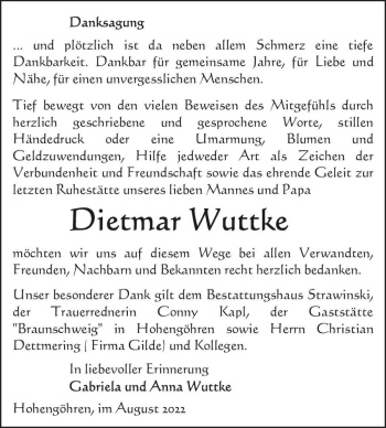 Traueranzeige von Dietmar Wuttke  von Magdeburger Volksstimme