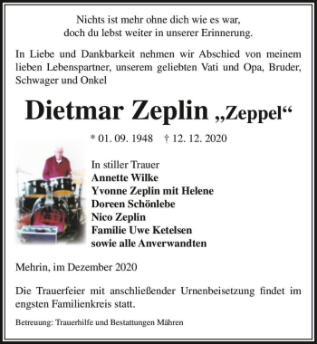 Traueranzeige von Dietmar Zeplin ,,Zeppel