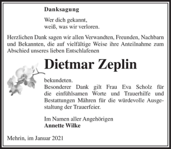 Traueranzeige von Dietmar Zeplin  von Magdeburger Volksstimme