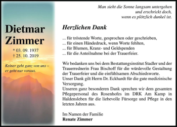 Traueranzeige von Dietmar Zimmer  von Magdeburger Volksstimme