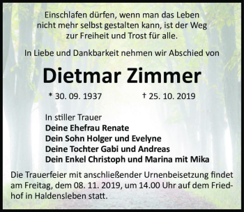 Traueranzeige von Dietmar Zimmer  von Magdeburger Volksstimme