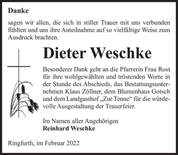Traueranzeige von Dietr Weschke  von Magdeburger Volksstimme