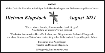 Traueranzeige von Dietram Klopstock  von Magdeburger Volksstimme